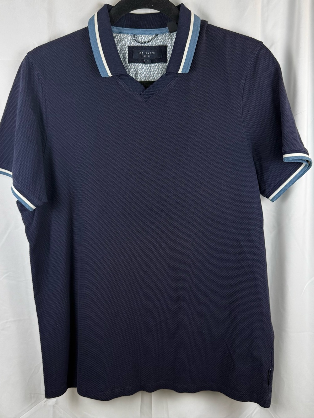Ted Baker London Men’s Size 4 Navy Textured V-Neck Polo Shirt